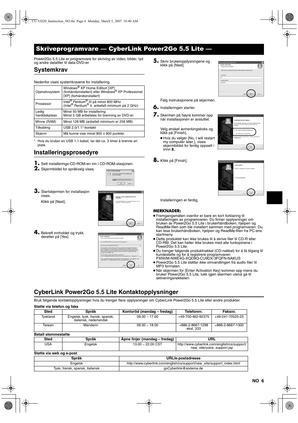 Skriveprogramvare - cyberlink power2go 5.5 lite, Systemkrav, Installeringsprosedyre | Cyberlink power2go 5.5 lite kontaktopplysninger, Skriveprogramvare — cyberlink power2go 5.5 lite | JVC CU-VD20 User Manual | Page 69 / 136