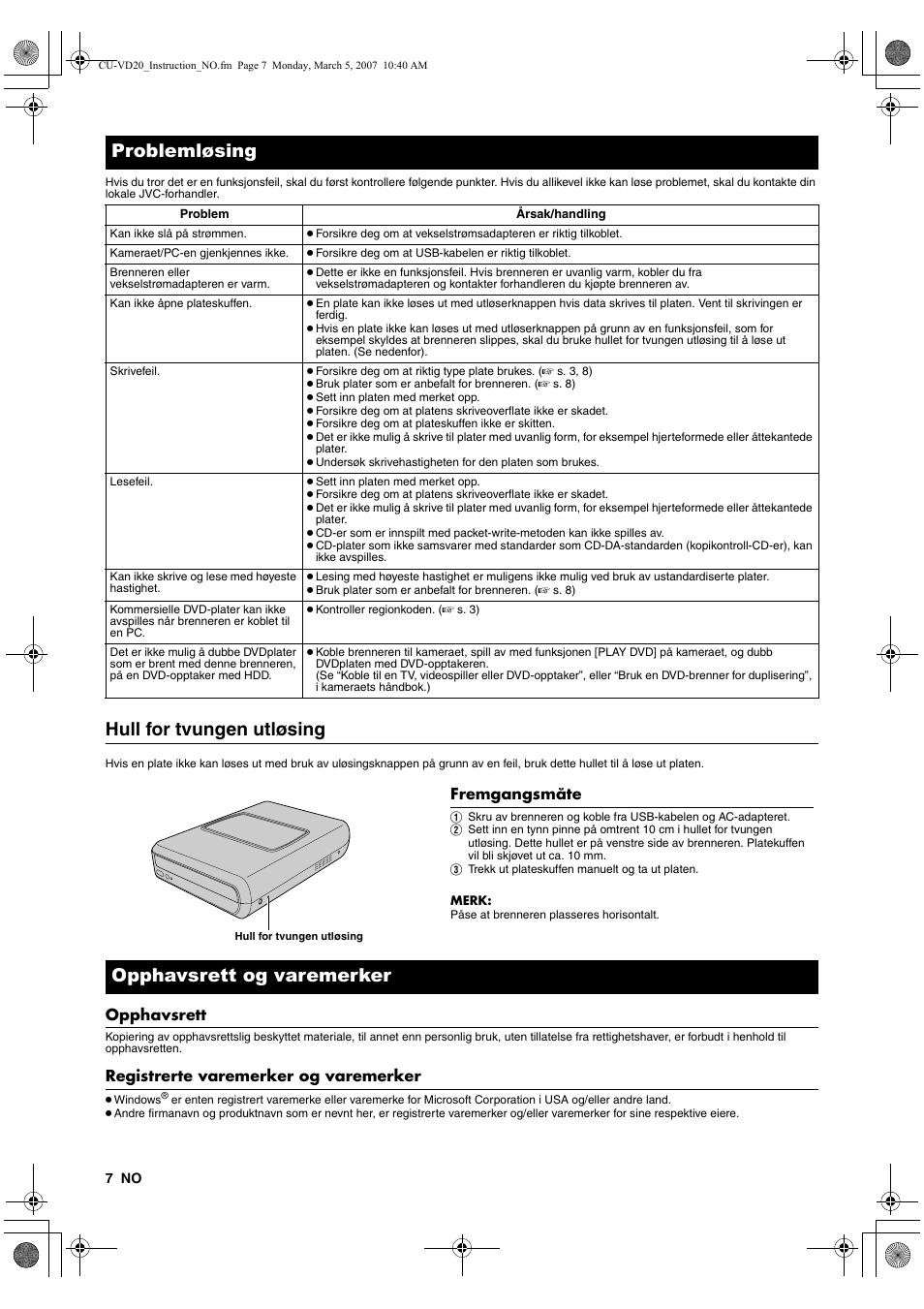Problemløsing, Hull for tvungen utløsing, Opphavsrett og varemerker | Opphavsrett, Registrerte varemerker og varemerker | JVC CU-VD20 User Manual | Page 70 / 136