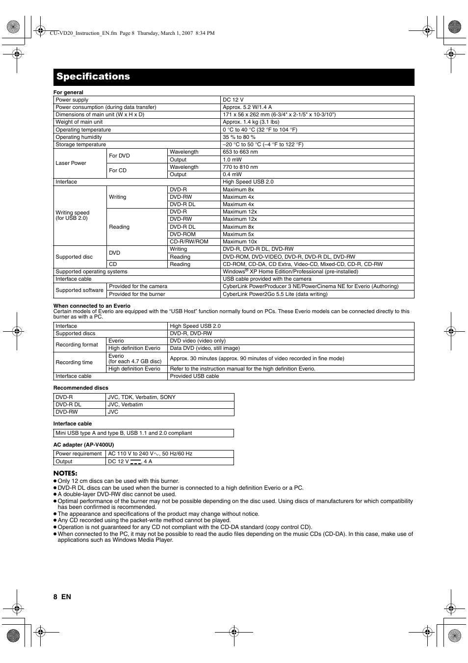 Specifications | JVC CU-VD20 User Manual | Page 8 / 136