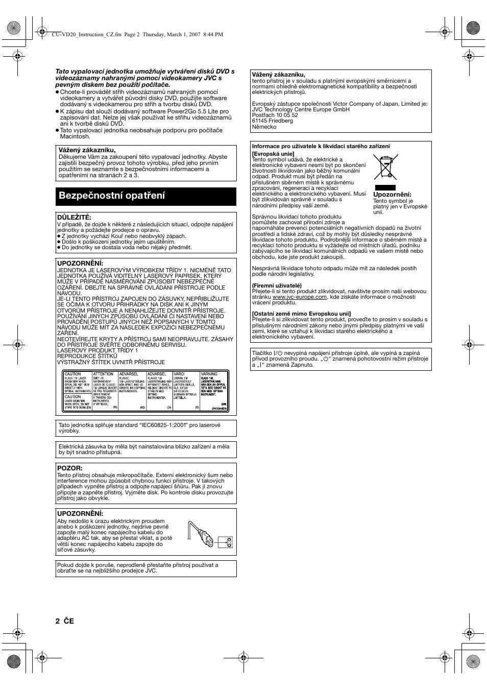 Čeština, Bezpečnostní opatření | JVC CU-VD20 User Manual | Page 86 / 136