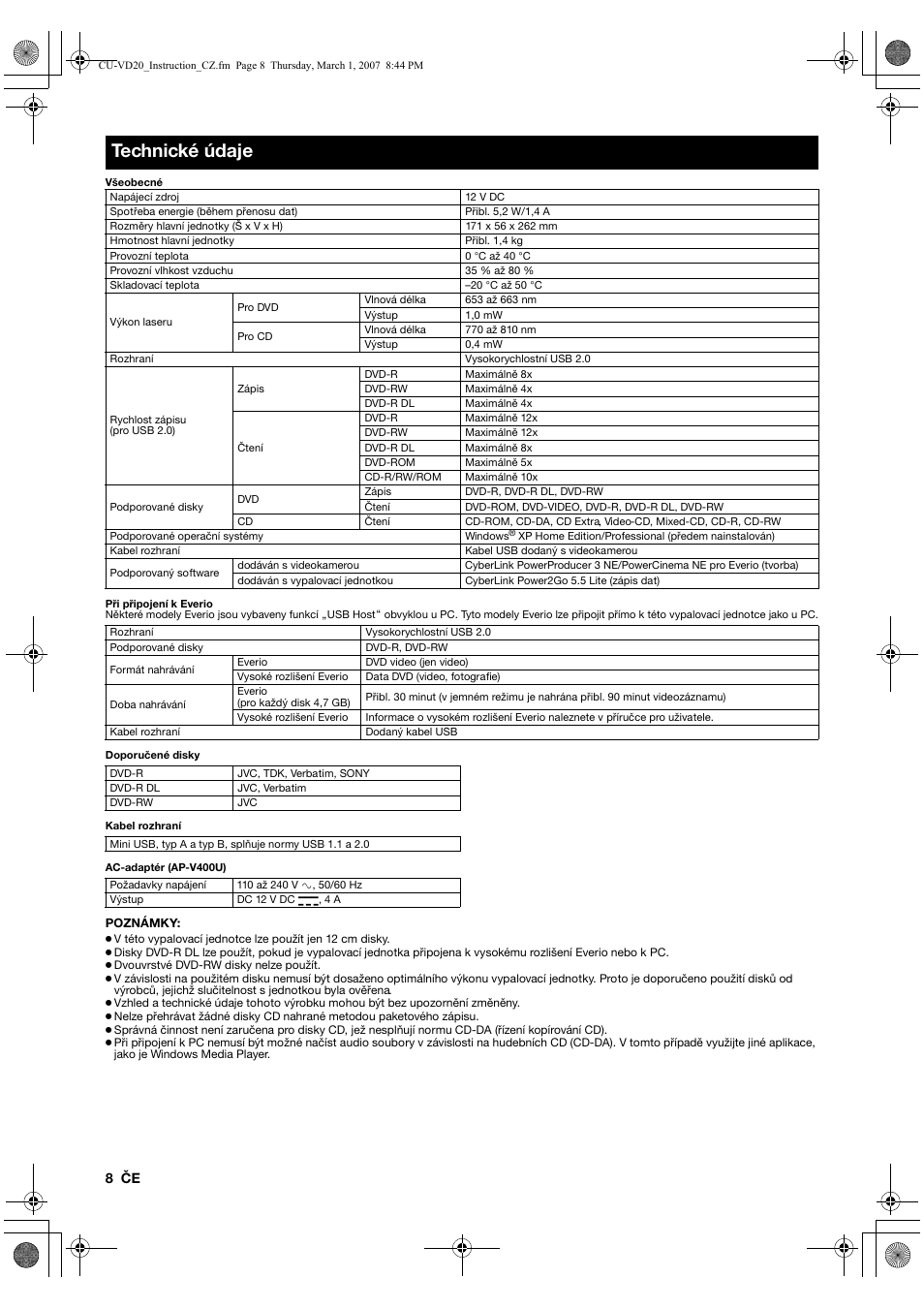 Technické údaje | JVC CU-VD20 User Manual | Page 92 / 136