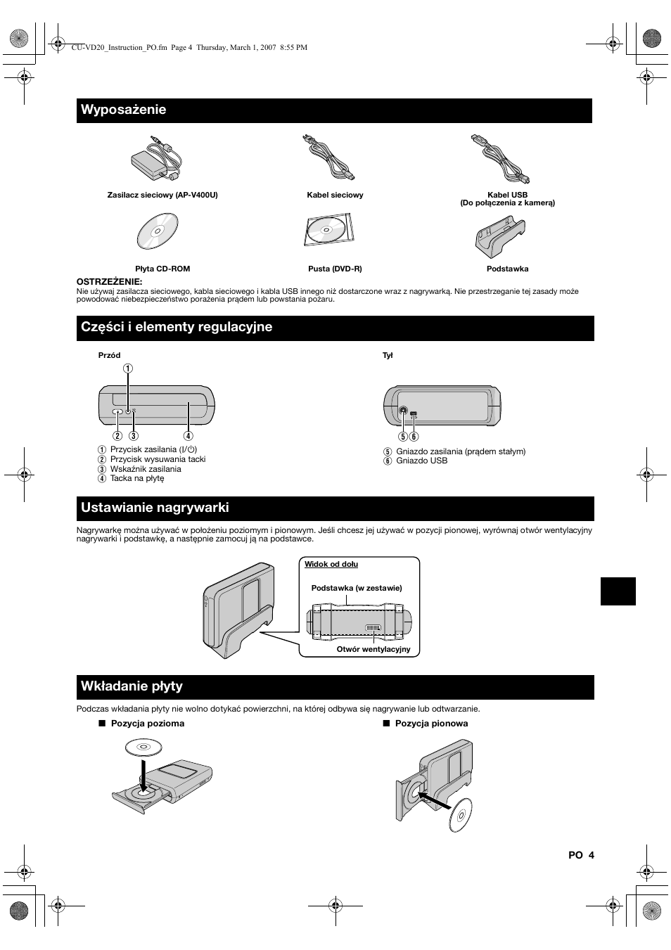 Wyposażenie, Części i elementy regulacyjne, Ustawianie nagrywarki | Wkładanie płyty | JVC CU-VD20 User Manual | Page 95 / 136