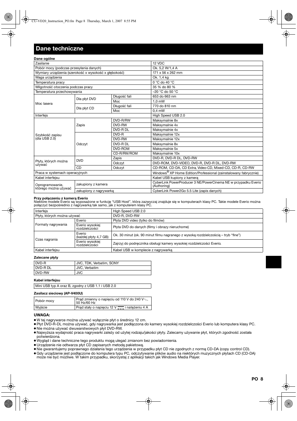 Dane techniczne | JVC CU-VD20 User Manual | Page 99 / 136