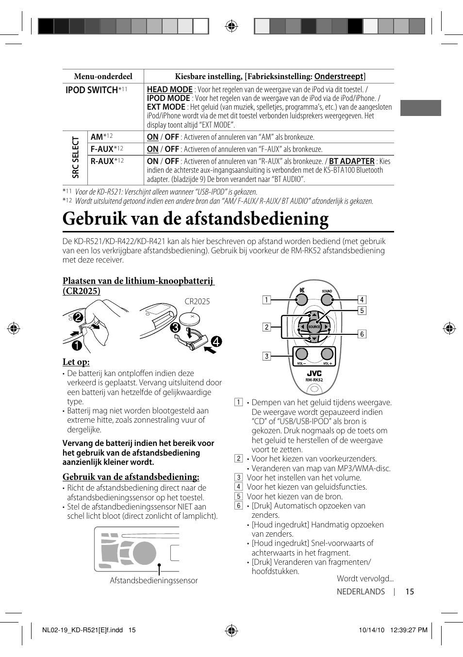 Gebruik van de afstandsbediening | JVC KD-R521 User Manual | Page 15 / 73
