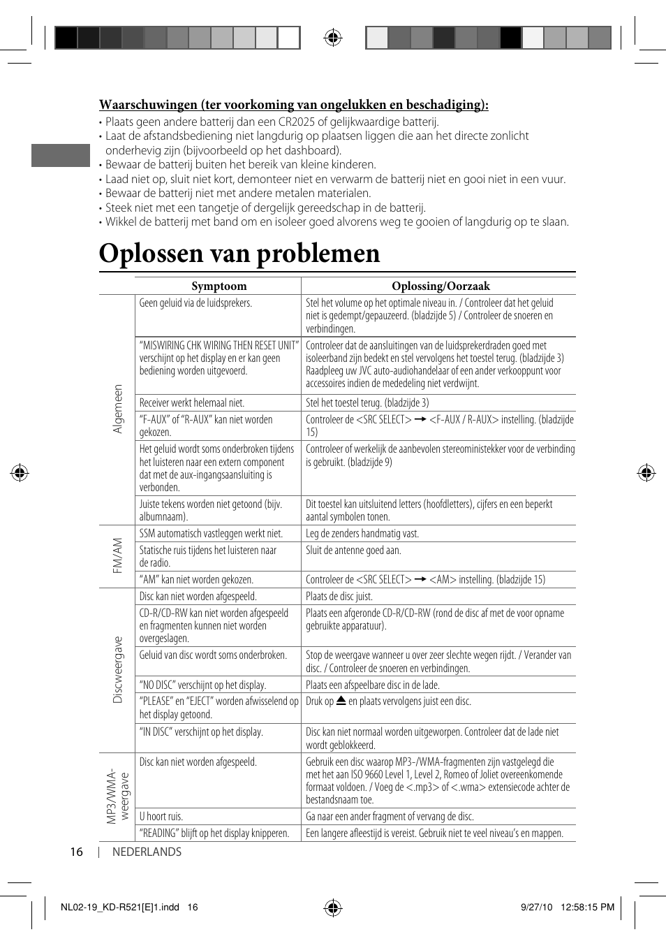 Oplossen van problemen | JVC KD-R521 User Manual | Page 16 / 73