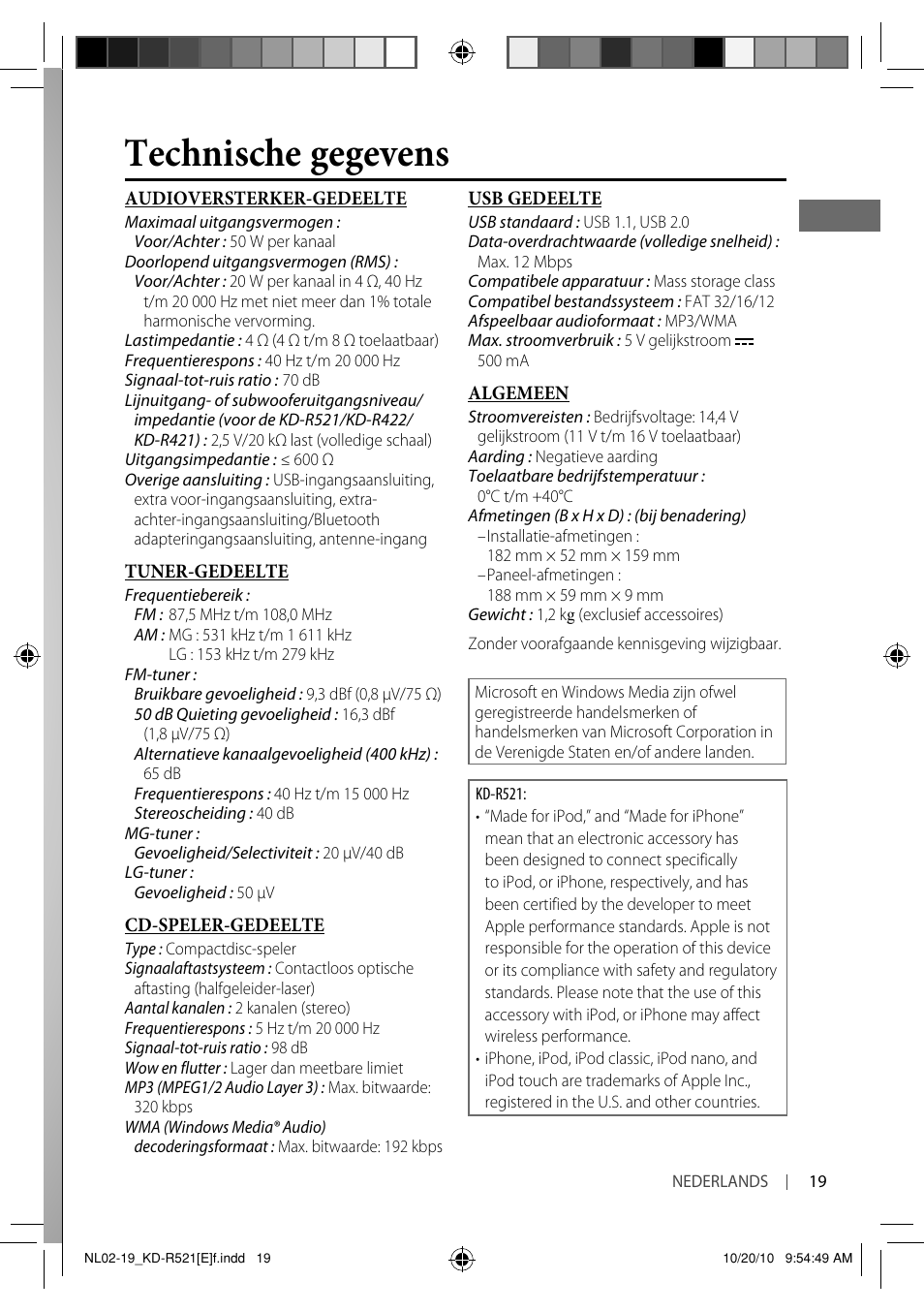 Technische gegevens | JVC KD-R521 User Manual | Page 19 / 73