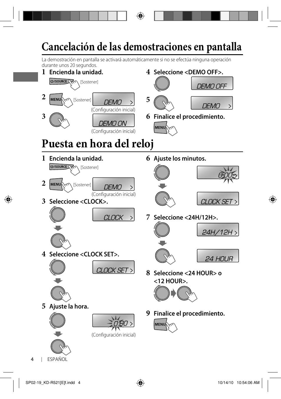 Cancelación de las demostraciones en pantalla, Puesta en hora del reloj | JVC KD-R521 User Manual | Page 22 / 73