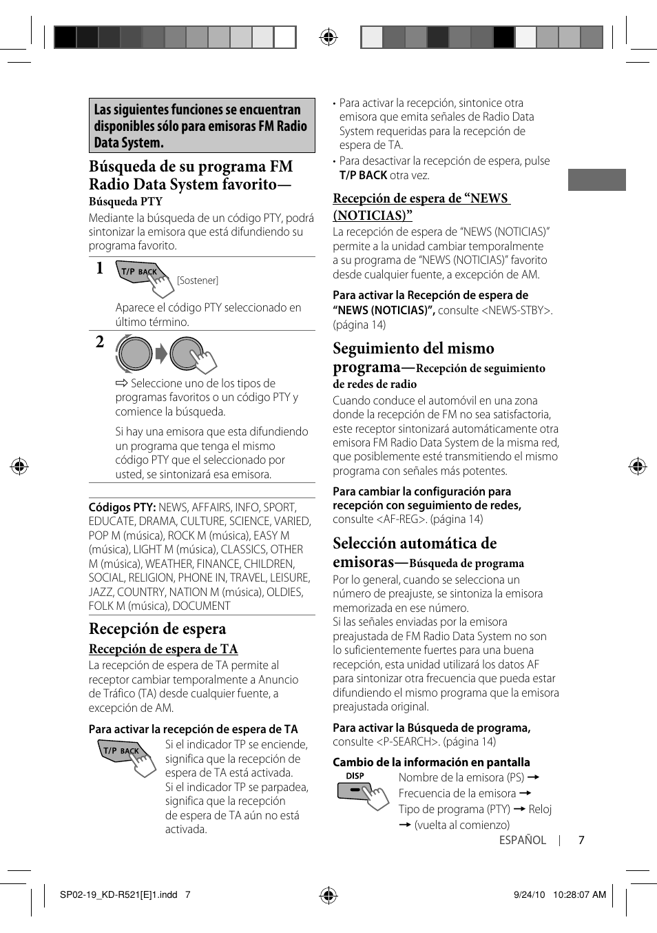 Recepción de espera, Seguimiento del mismo programa, Selección automática de emisoras | JVC KD-R521 User Manual | Page 25 / 73