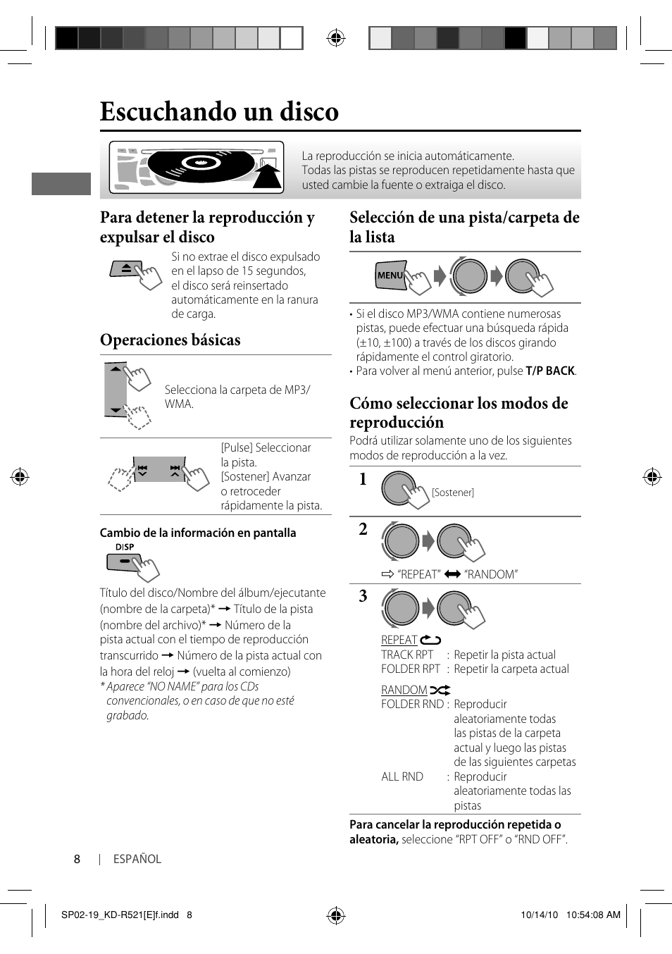 Escuchando un disco, Para detener la reproducción y expulsar el disco, Operaciones básicas | Selección de una pista/carpeta de la lista, Cómo seleccionar los modos de reproducción | JVC KD-R521 User Manual | Page 26 / 73