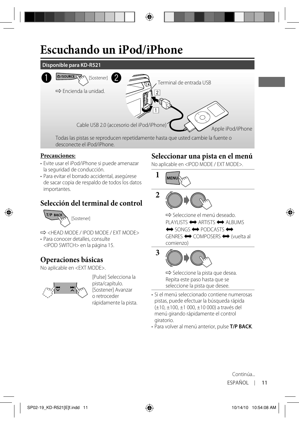 Escuchando un ipod/iphone, Selección del terminal de control, Operaciones básicas | Seleccionar una pista en el menú | JVC KD-R521 User Manual | Page 29 / 73