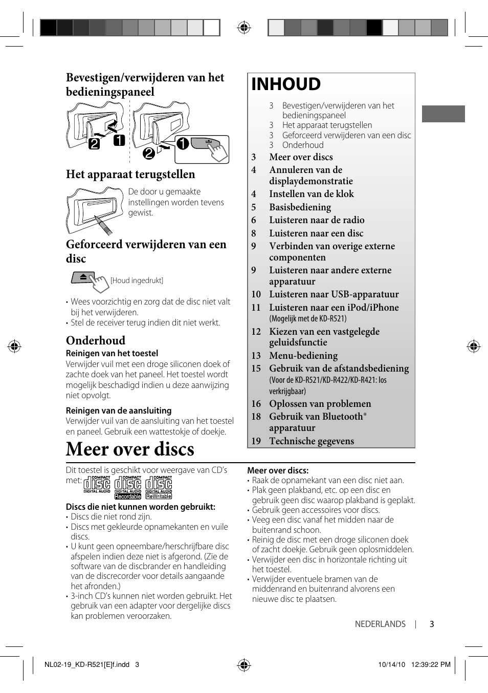 Meer over discs, Inhoud, Geforceerd verwijderen van een disc | Onderhoud | JVC KD-R521 User Manual | Page 3 / 73