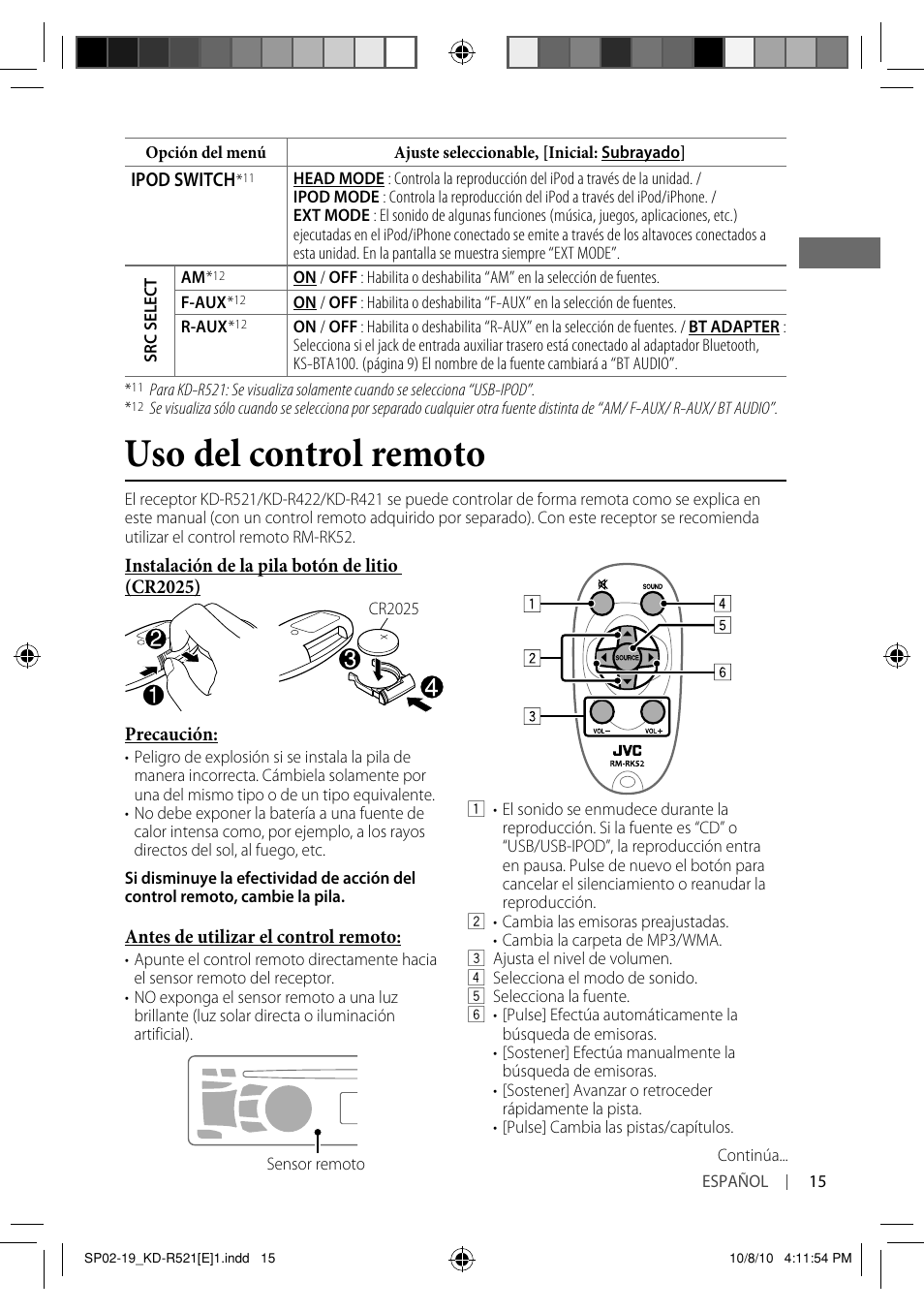 Uso del control remoto | JVC KD-R521 User Manual | Page 33 / 73