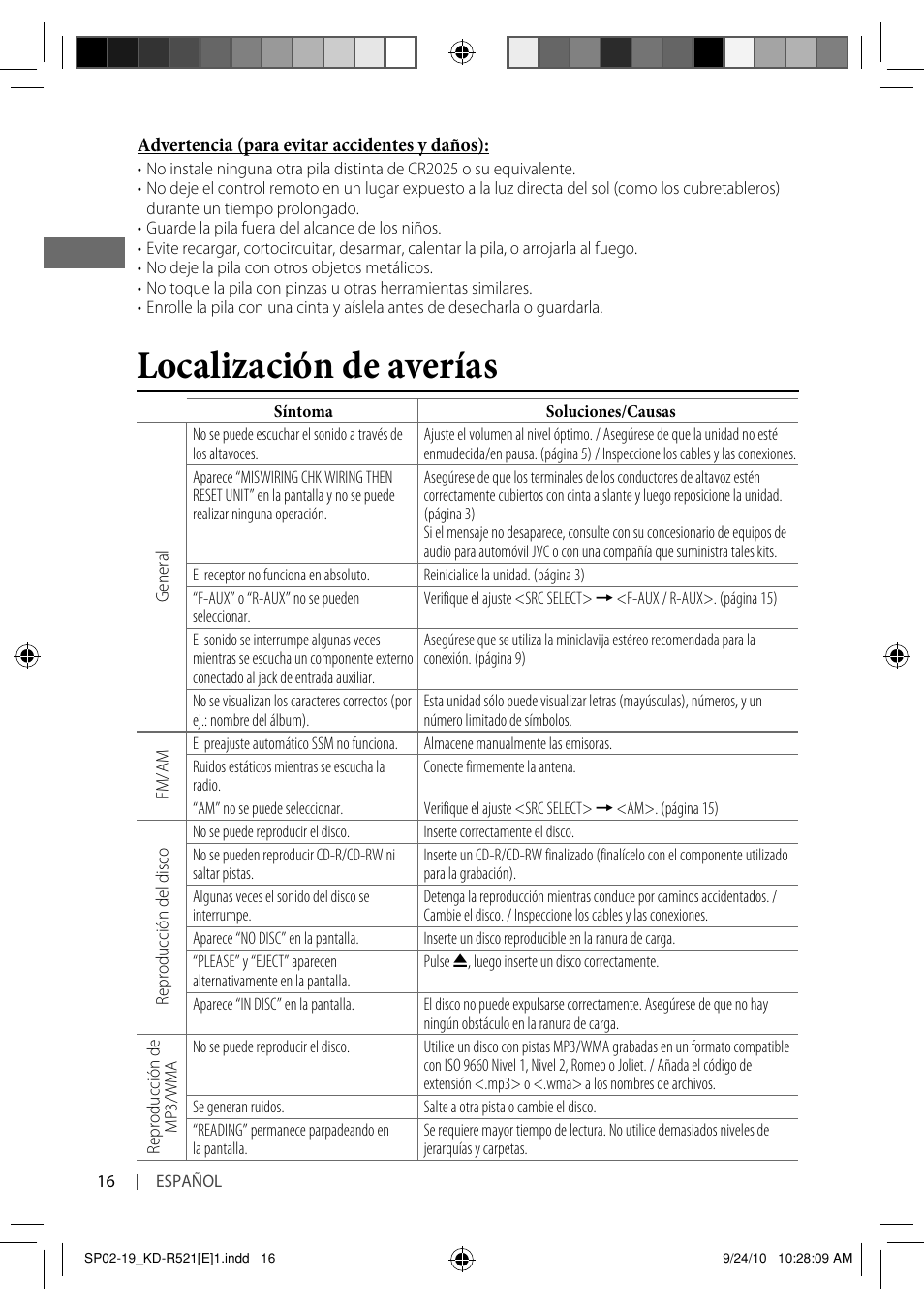 Localización de averías | JVC KD-R521 User Manual | Page 34 / 73