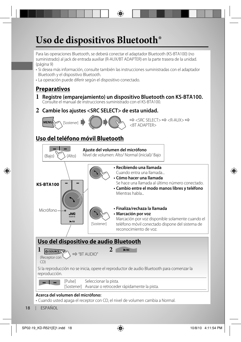 Uso de dispositivos bluetooth, Preparativos, Uso del teléfono móvil bluetooth | Uso del dispositivo de audio bluetooth | JVC KD-R521 User Manual | Page 36 / 73