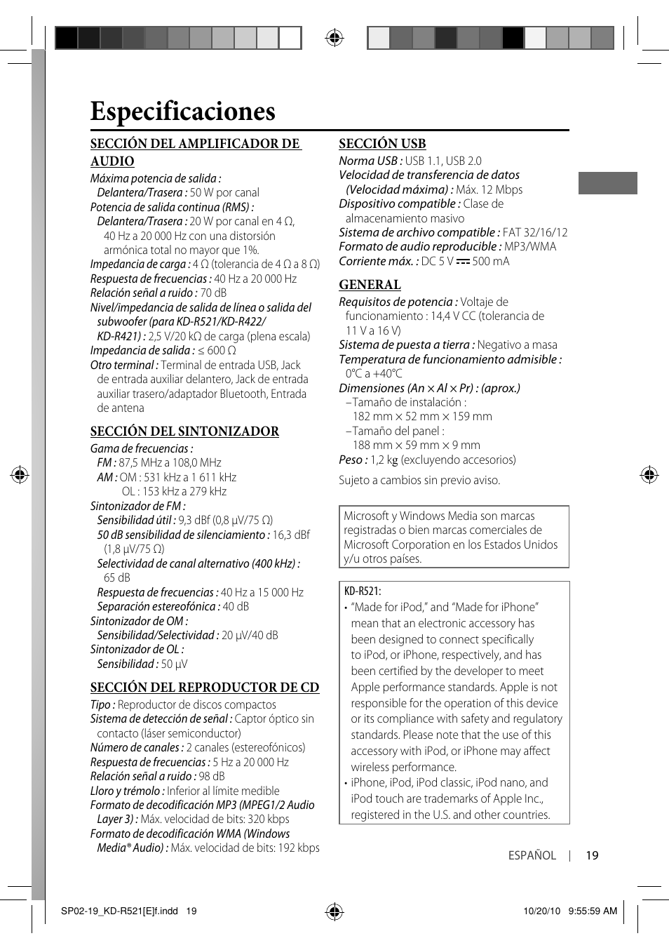 Especificaciones | JVC KD-R521 User Manual | Page 37 / 73