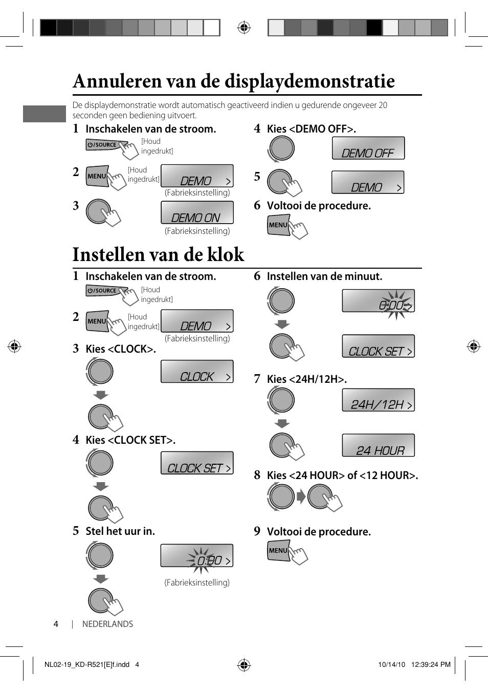 Annuleren van de displaydemonstratie, Instellen van de klok | JVC KD-R521 User Manual | Page 4 / 73