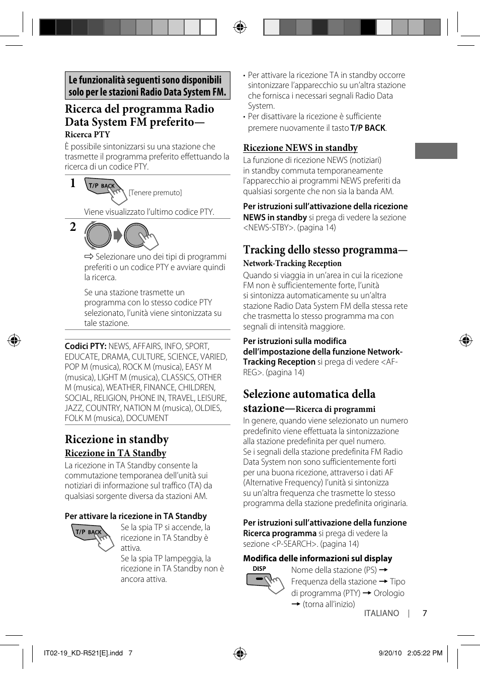 Ricezione in standby, Tracking dello stesso programma, Selezione automatica della stazione | JVC KD-R521 User Manual | Page 43 / 73