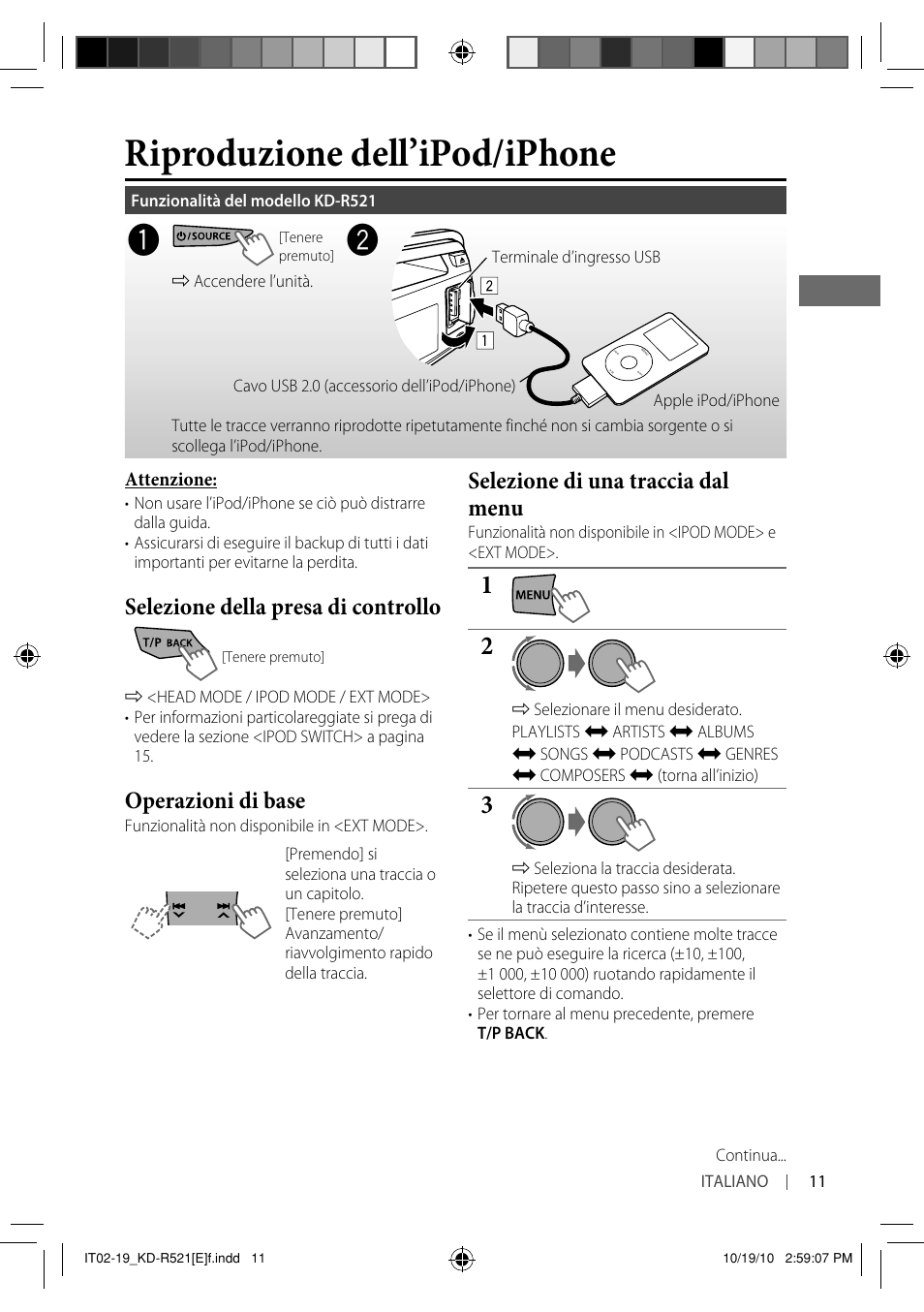 Riproduzione dell’ipod/iphone, Selezione della presa di controllo, Operazioni di base | Selezione di una traccia dal menu | JVC KD-R521 User Manual | Page 47 / 73