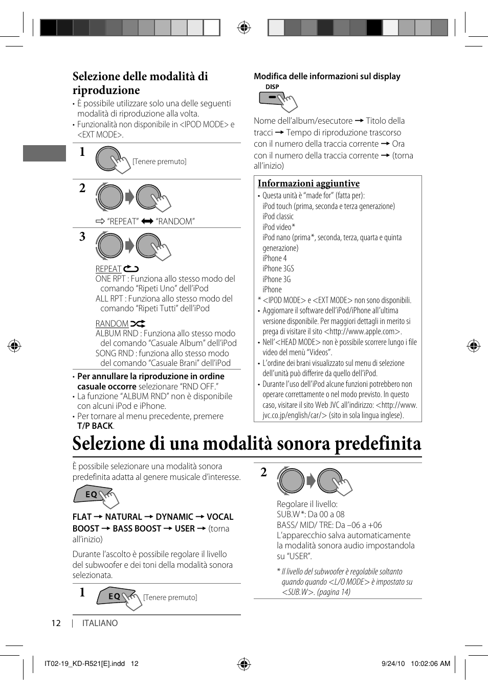 Selezione di una modalità sonora predefinita, Selezione delle modalità di riproduzione | JVC KD-R521 User Manual | Page 48 / 73