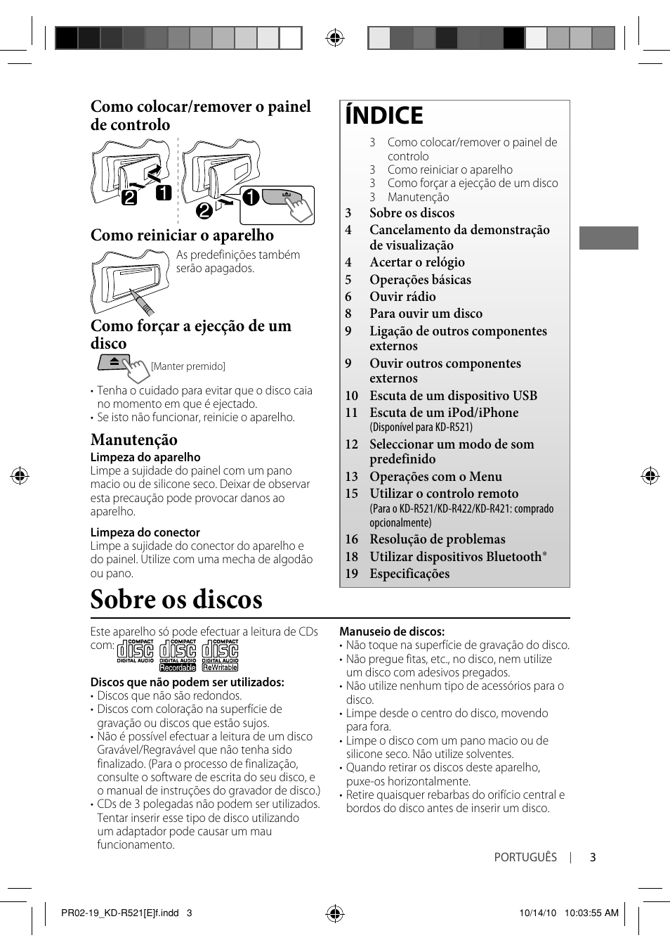 Sobre os discos, Índice, Como forçar a ejecção de um disco | Manutenção | JVC KD-R521 User Manual | Page 57 / 73