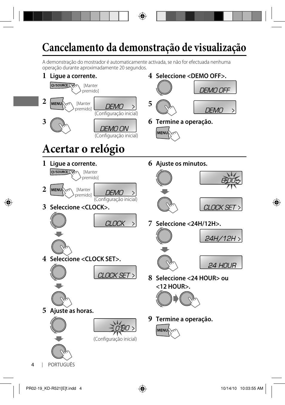 Cancelamento da demonstração de visualização, Acertar o relógio | JVC KD-R521 User Manual | Page 58 / 73