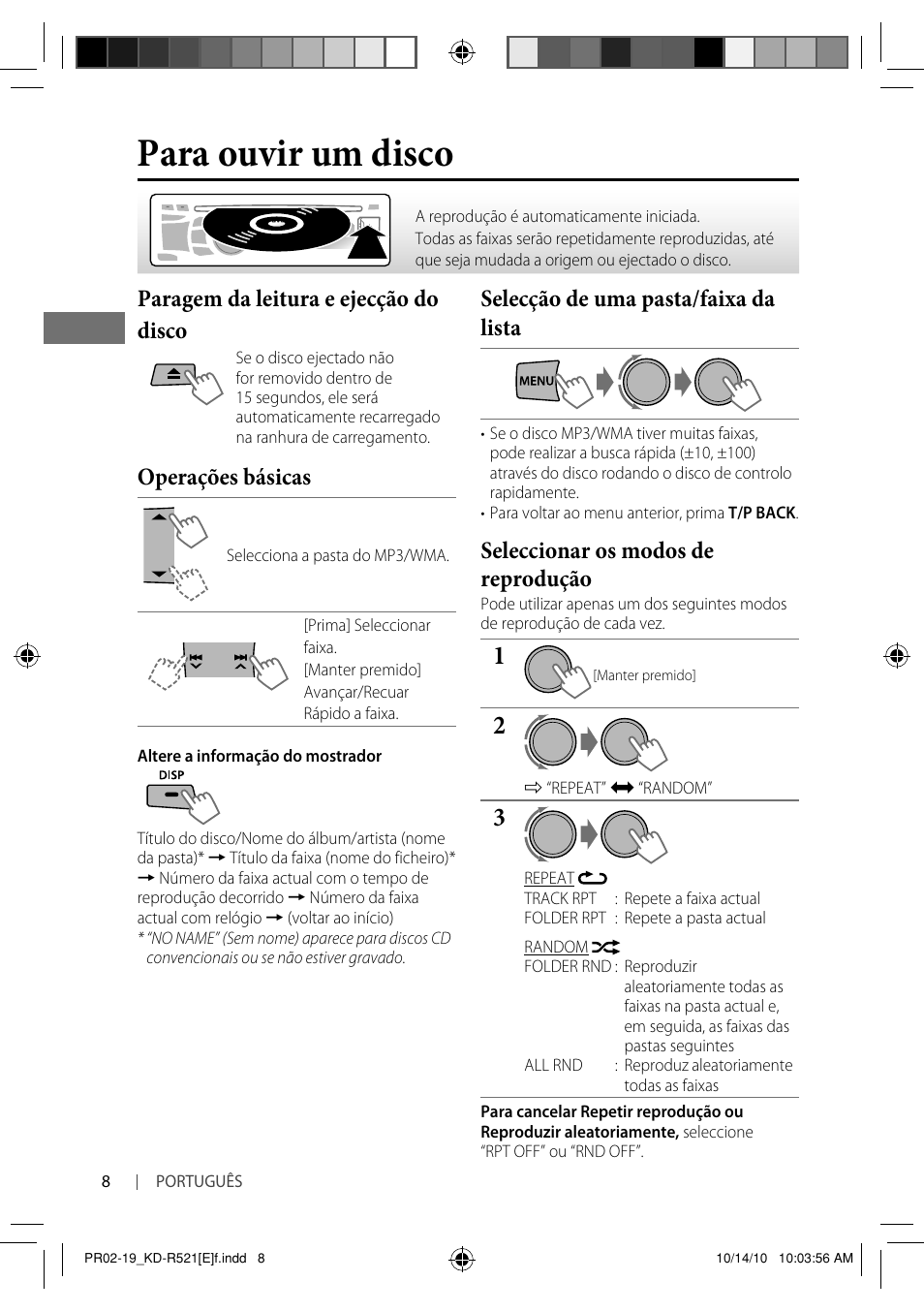 Para ouvir um disco, Paragem da leitura e ejecção do disco, Operações básicas | Selecção de uma pasta/faixa da lista, Seleccionar os modos de reprodução | JVC KD-R521 User Manual | Page 62 / 73