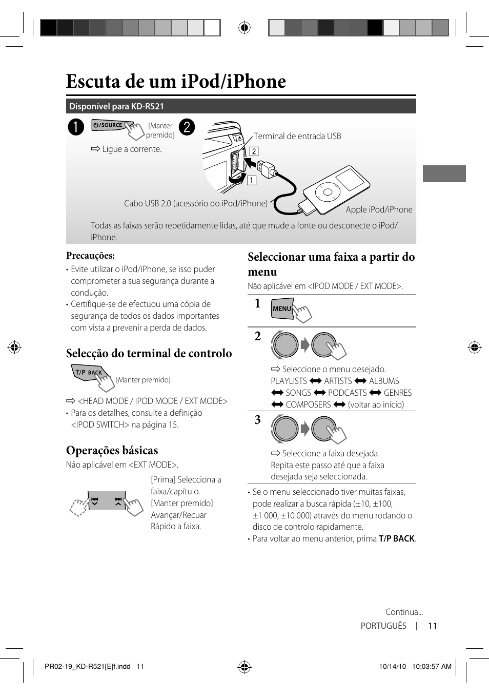 Escuta de um ipod/iphone, Selecção do terminal de controlo, Operações básicas | Seleccionar uma faixa a partir do menu | JVC KD-R521 User Manual | Page 65 / 73