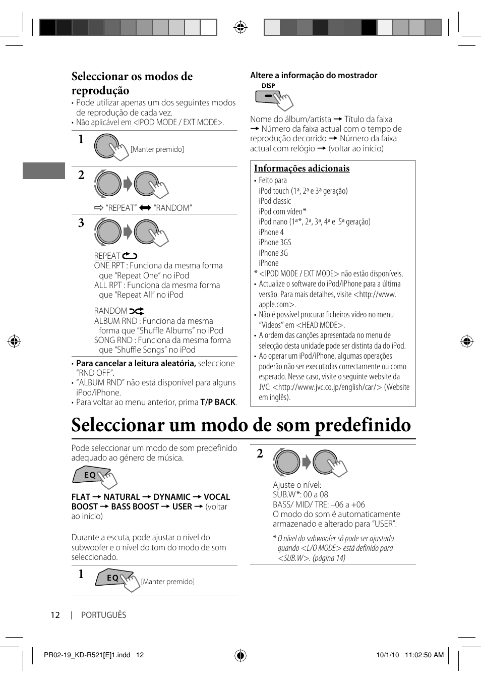 Seleccionar um modo de som predefinido, Seleccionar os modos de reprodução | JVC KD-R521 User Manual | Page 66 / 73