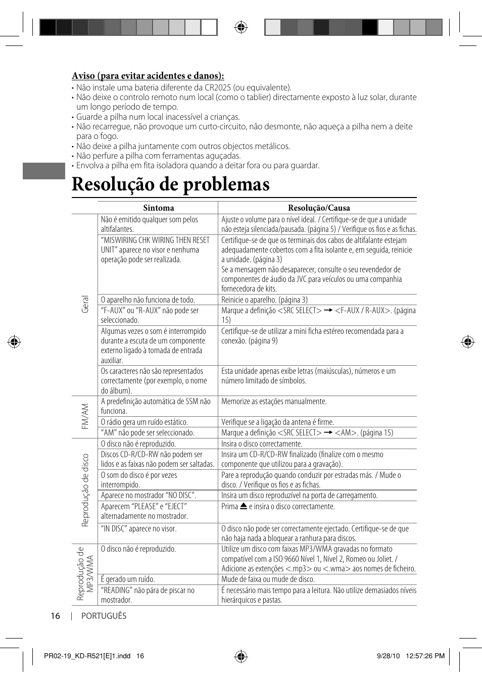 Resolução de problemas | JVC KD-R521 User Manual | Page 70 / 73