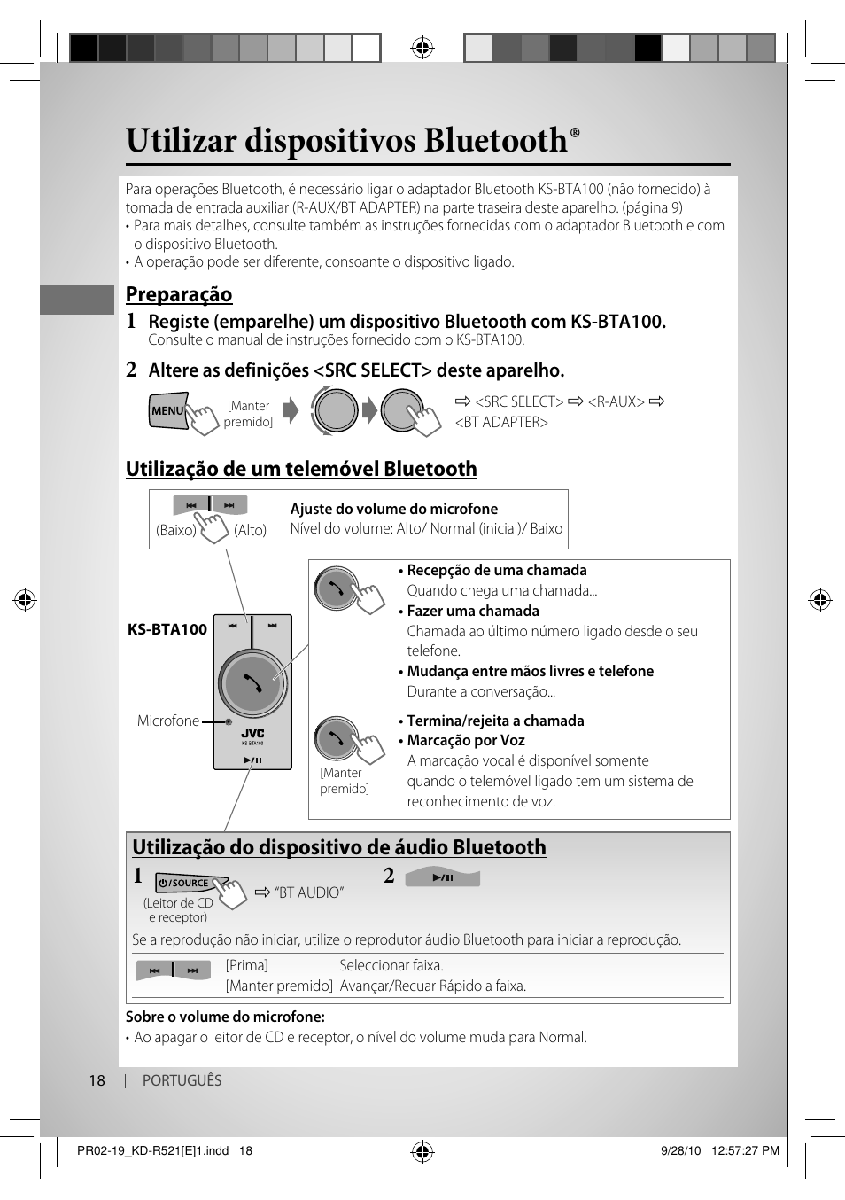Utilizar dispositivos bluetooth, Preparação, Utilização de um telemóvel bluetooth | Utilização do dispositivo de áudio bluetooth | JVC KD-R521 User Manual | Page 72 / 73