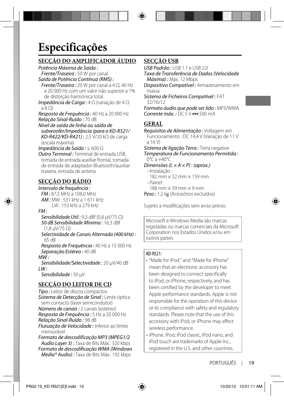 Especificações | JVC KD-R521 User Manual | Page 73 / 73