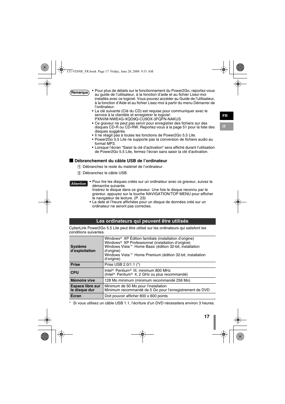 Les ordinateurs qui peuvent être utilisés | JVC CU-VD50 User Manual | Page 17 / 104