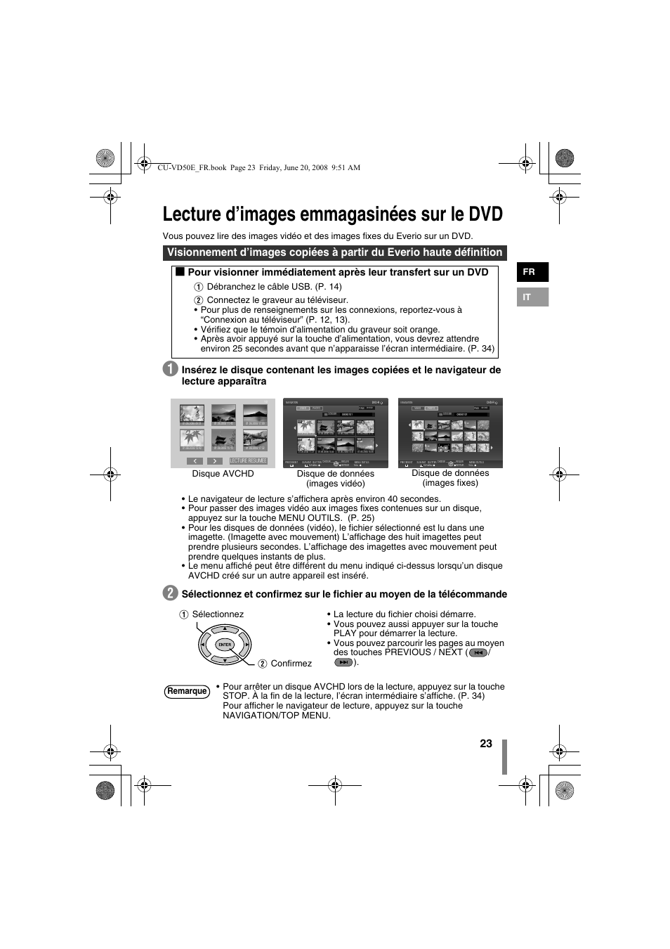 Z lecture d’images emmagasinées sur le dvd, P. 23), Ur. (p. 23) | Au moyen de ce graveur. (p. 23), Lecture d’images emmagasinées sur le dvd, Fr it, Disque avchd | JVC CU-VD50 User Manual | Page 23 / 104