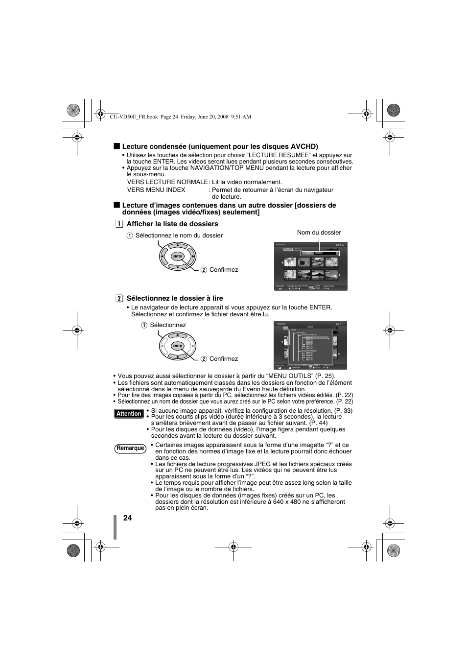 A sélectionnez le nom du dossier b confirmez, A sélectionnez b confirmez, Attention remarque | JVC CU-VD50 User Manual | Page 24 / 104