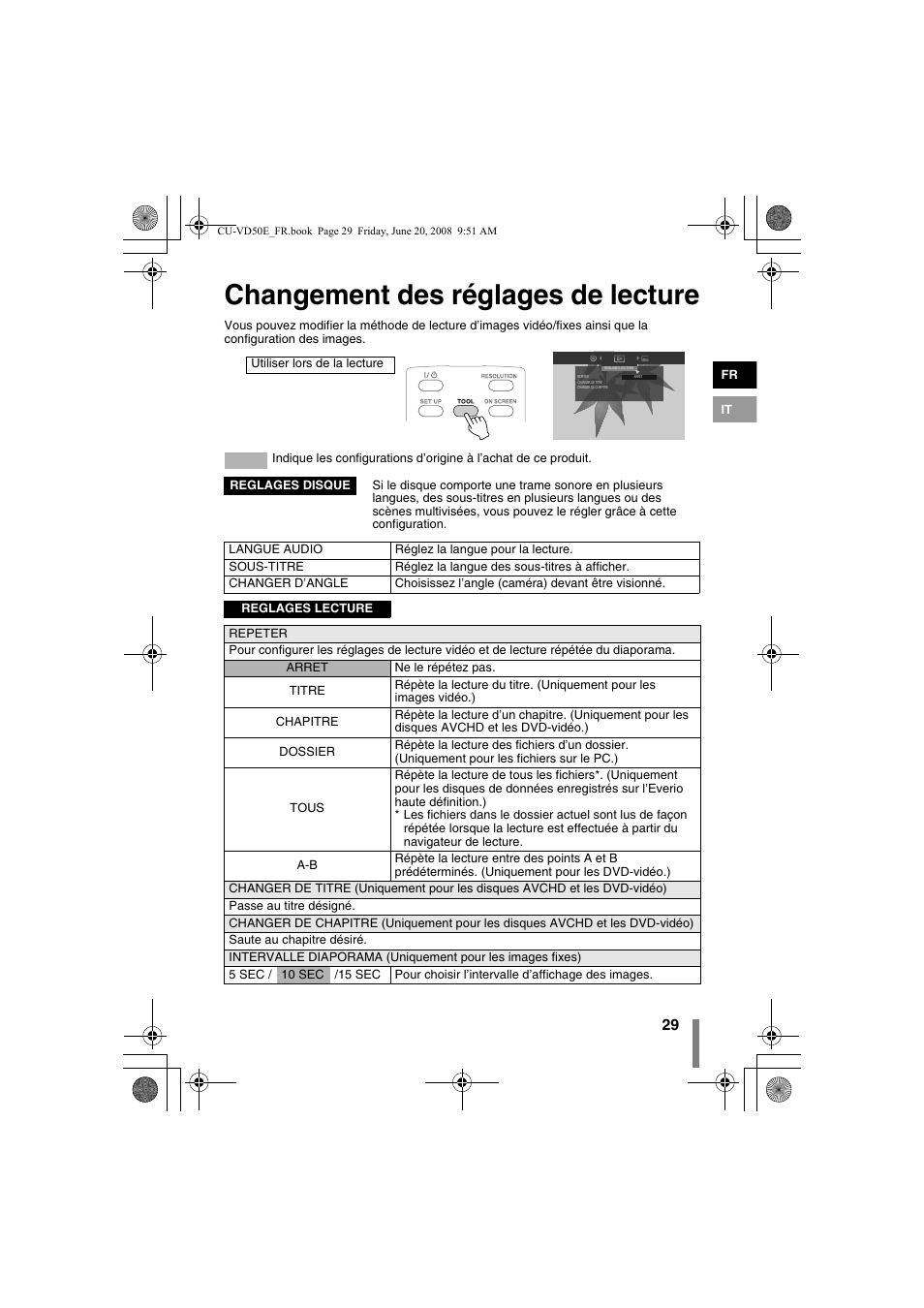 Z changement des réglages de lecture, P. 29), Changement des réglages de lecture | JVC CU-VD50 User Manual | Page 29 / 104