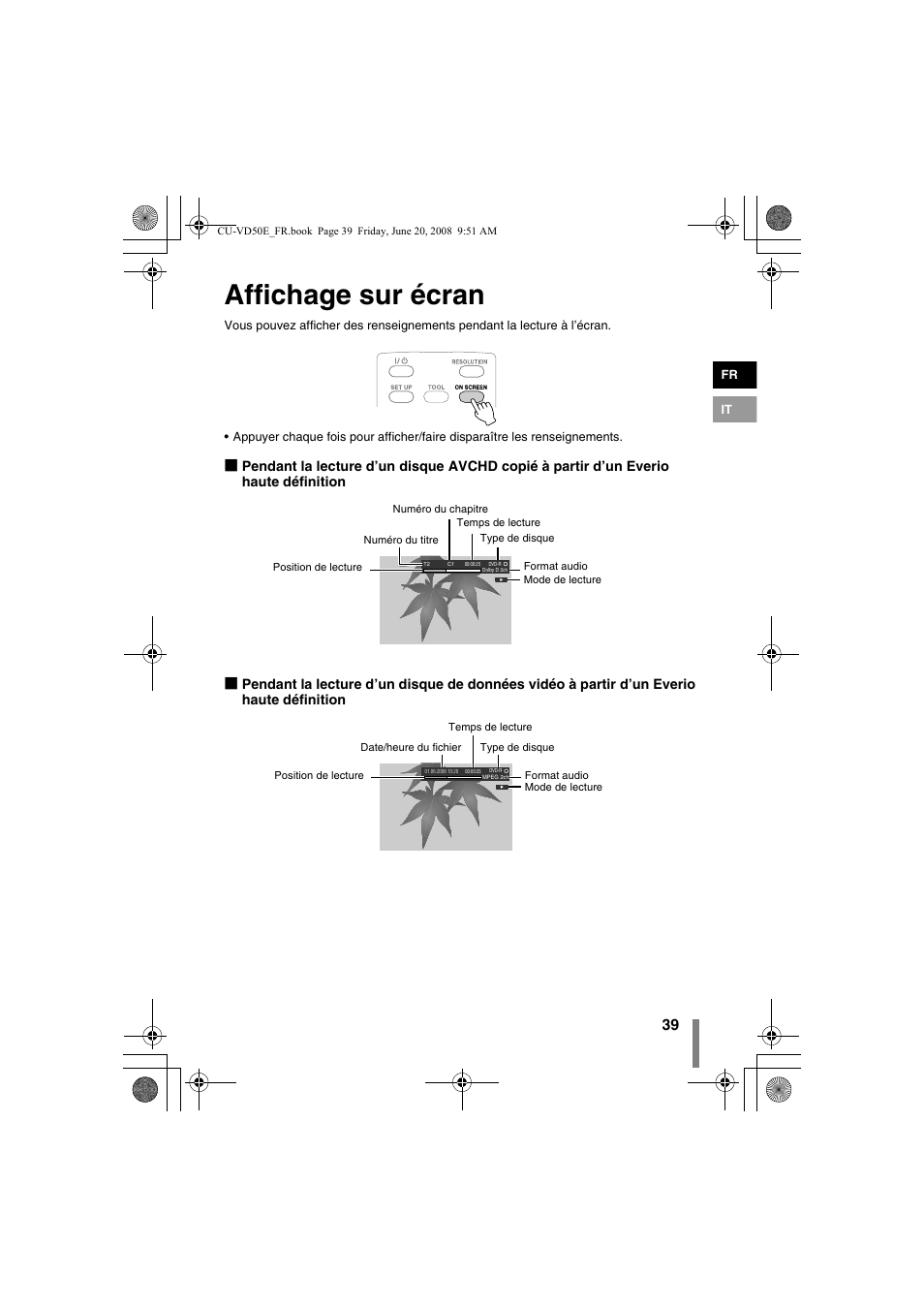 Z affichage sur écran, Eignements à l’écran (p. 39), Affichage sur écran | JVC CU-VD50 User Manual | Page 39 / 104