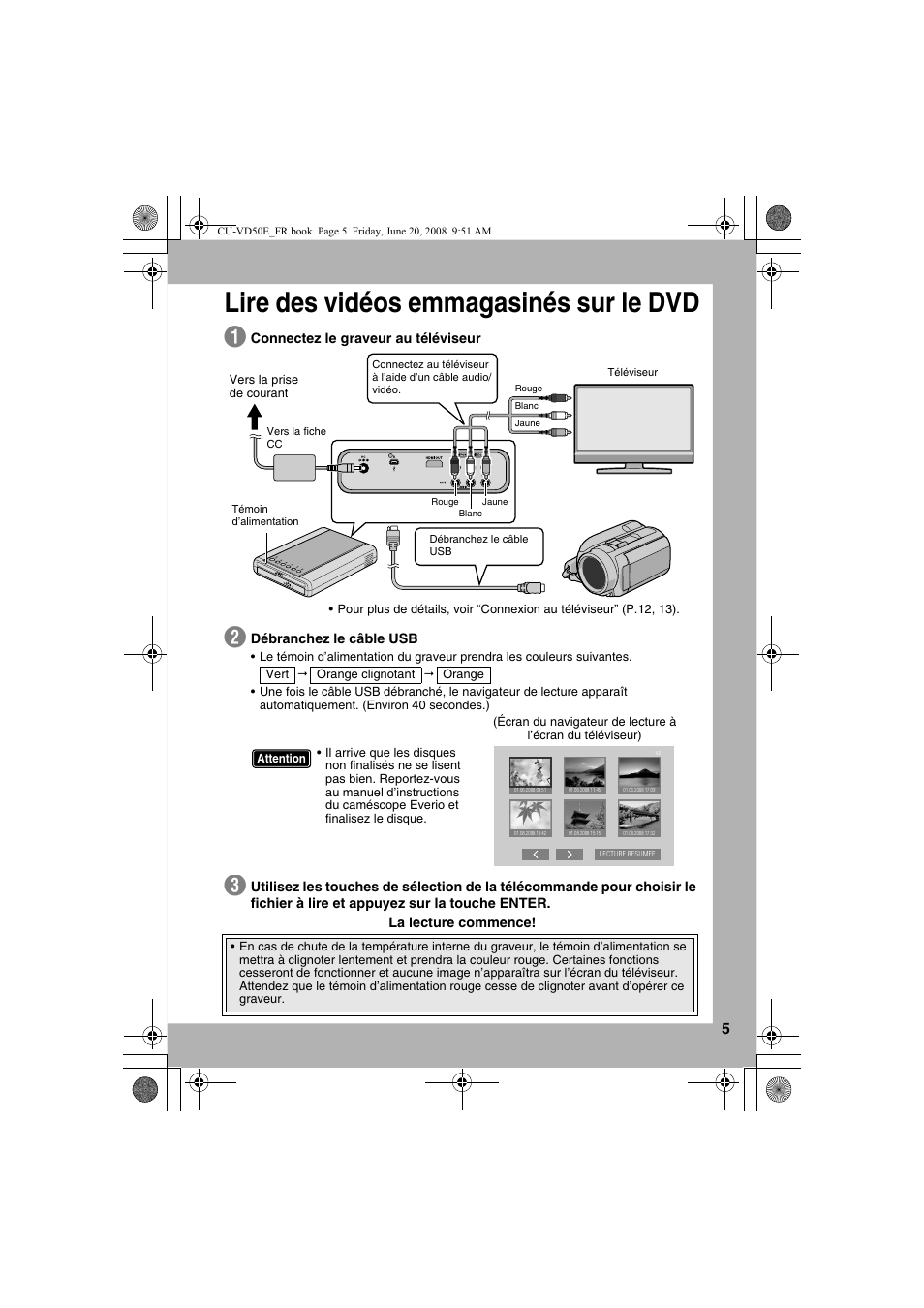 Lire des vidéos emmagasinés sur le dvd | JVC CU-VD50 User Manual | Page 5 / 104