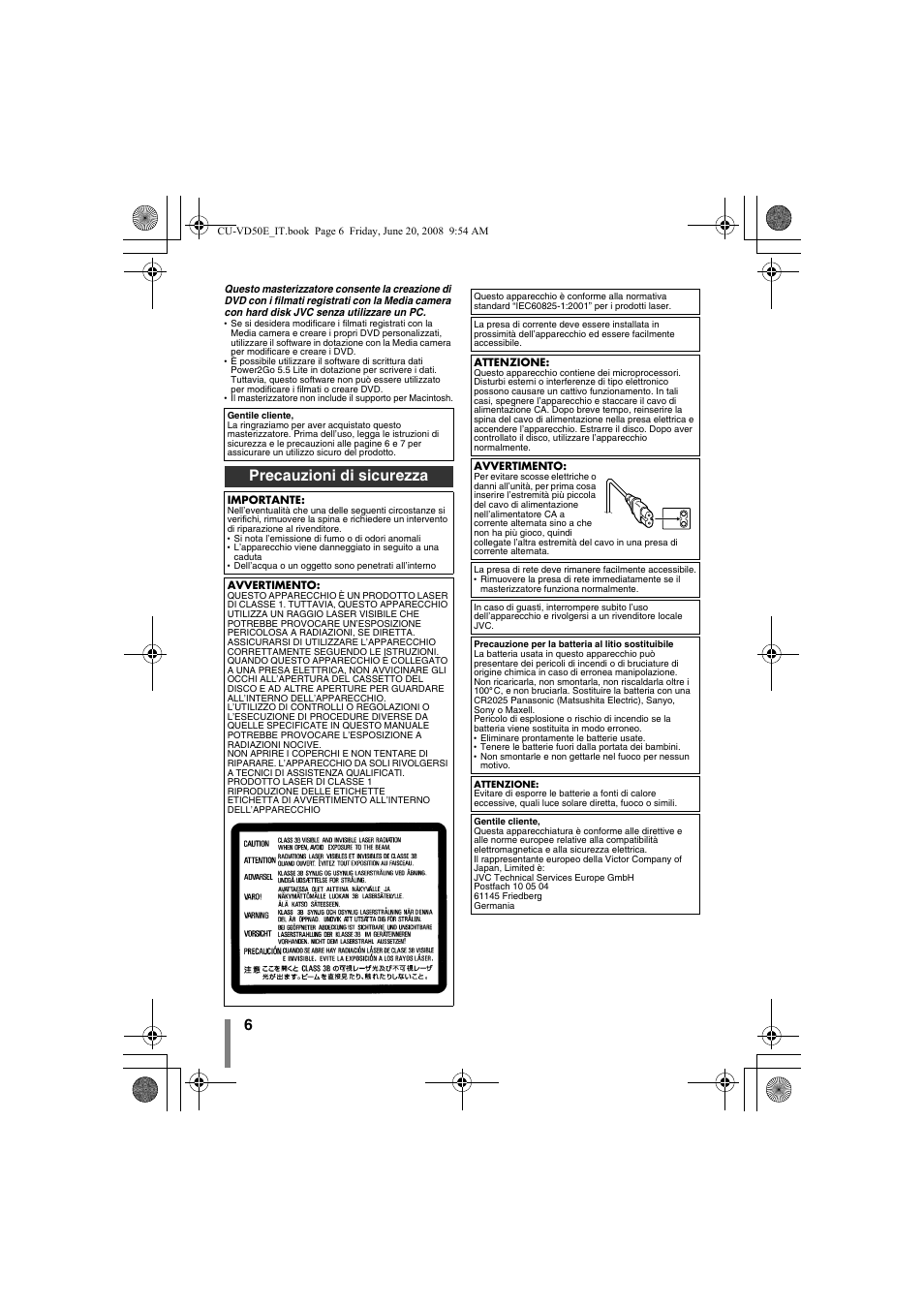 Precauzioni di sicurezza | JVC CU-VD50 User Manual | Page 56 / 104