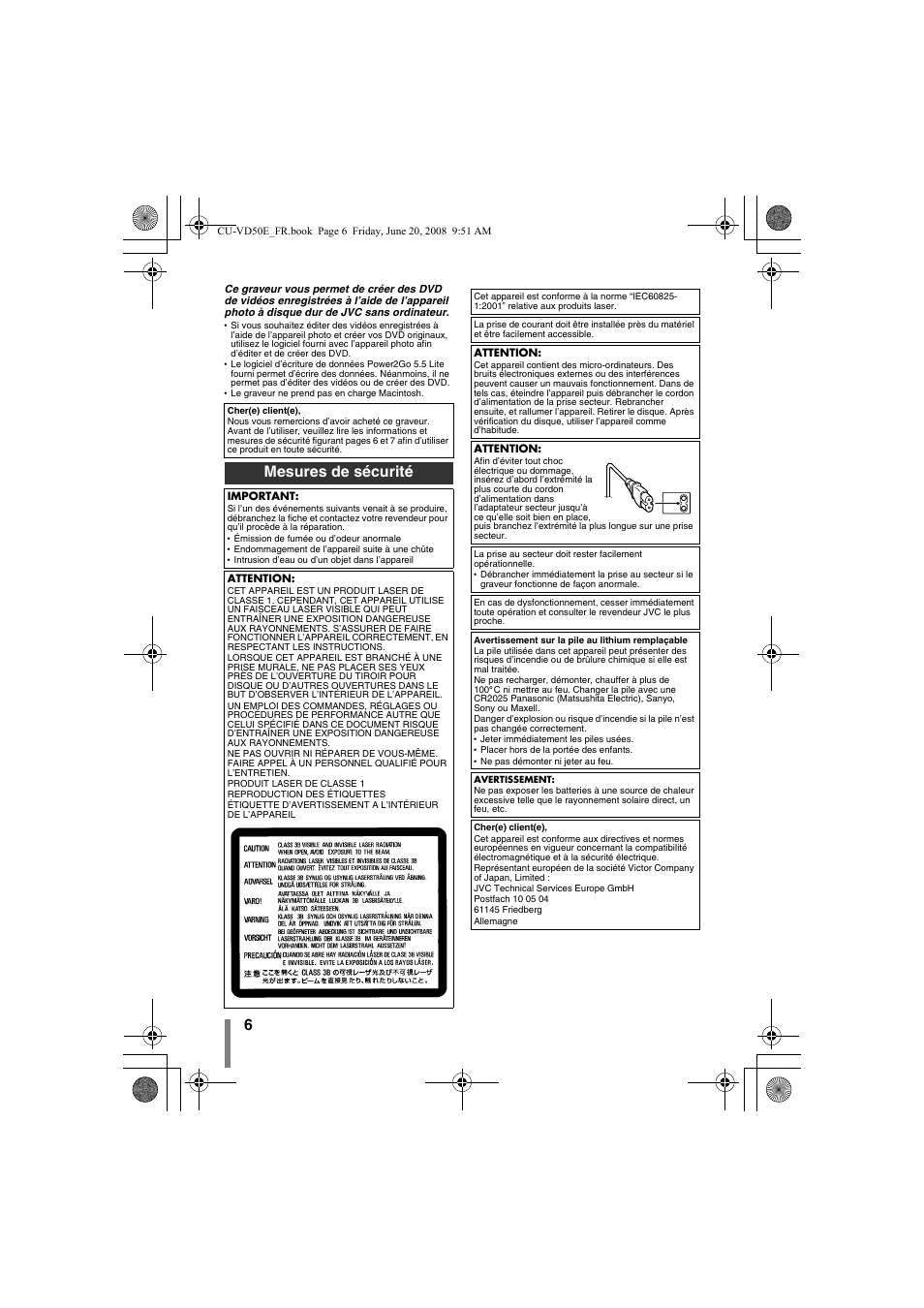 Mesures de sécurité | JVC CU-VD50 User Manual | Page 6 / 104