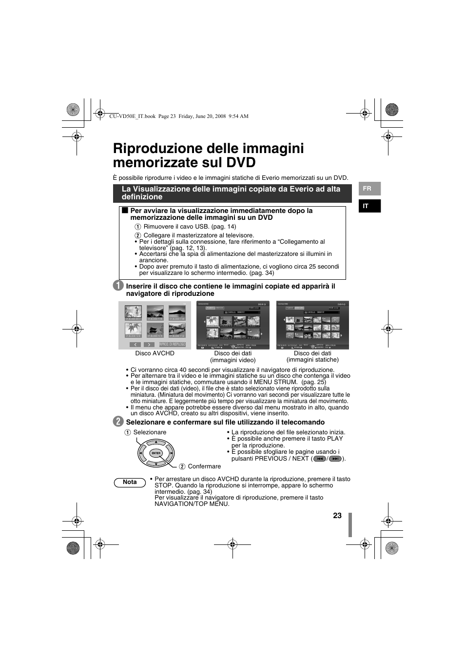 Z riproduzione delle immagini memorizzate sul dvd, Fr it, Disco avchd | JVC CU-VD50 User Manual | Page 73 / 104