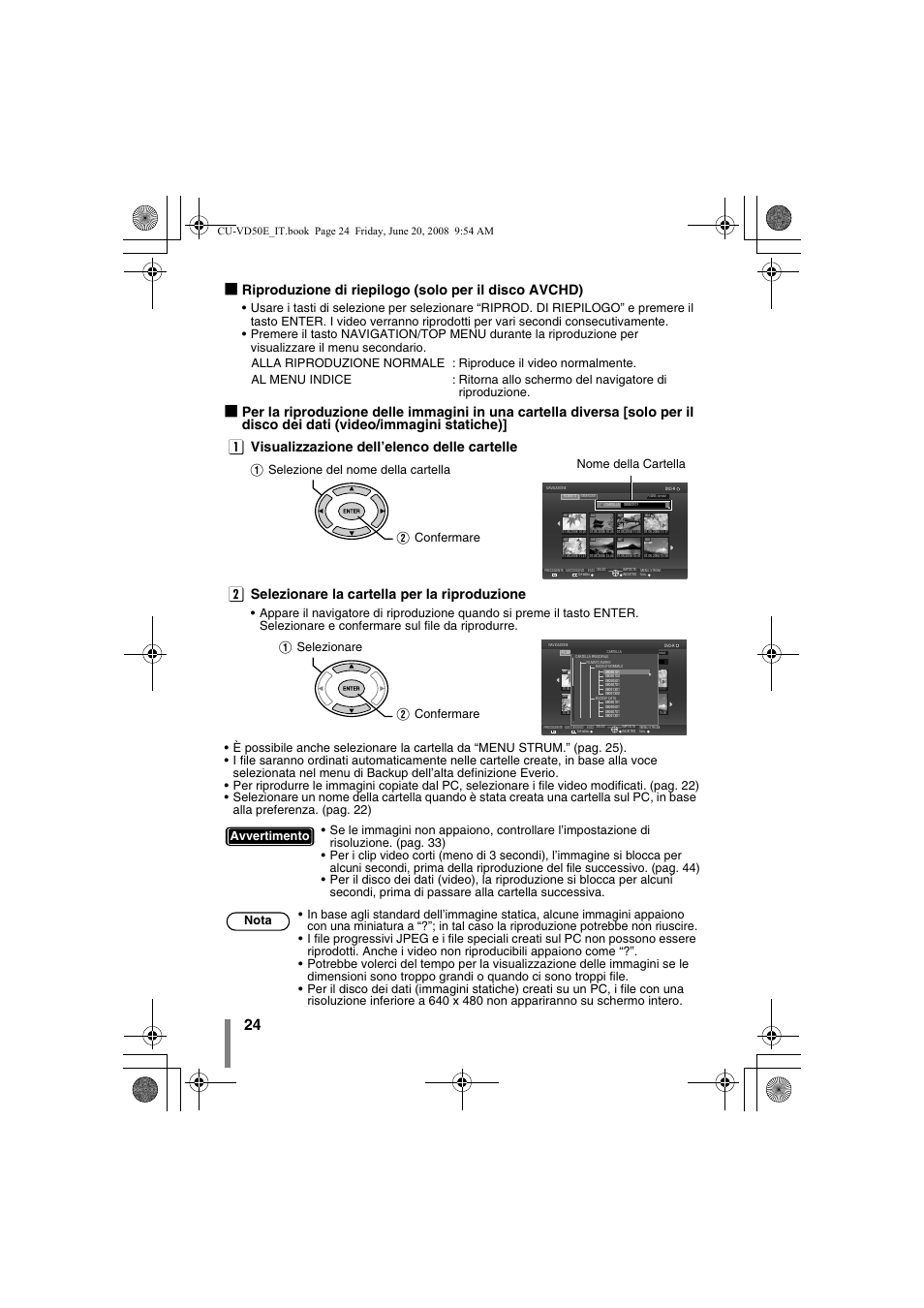 A selezione del nome della cartella b confermare, A selezionare b confermare, Avvertimento nota | JVC CU-VD50 User Manual | Page 74 / 104