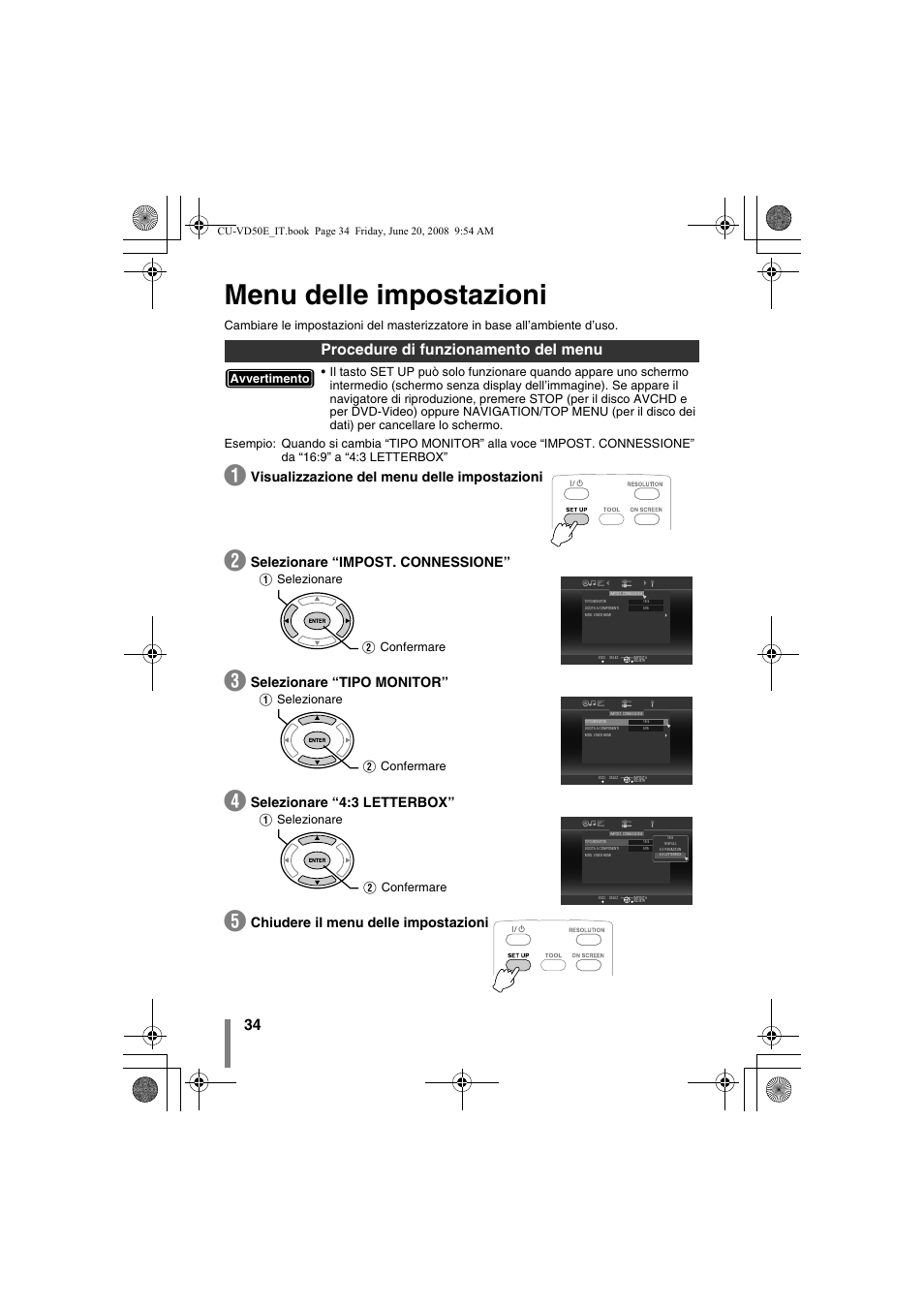 Z menu delle impostazioni, Procedure di funzionamento del menu, Menu delle impostazioni | Visualizzazione del menu delle impostazioni, Selezionare “impost. connessione, Selezionare “tipo monitor, Selezionare “4:3 letterbox, Chiudere il menu delle impostazioni, A selezionare b confermare | JVC CU-VD50 User Manual | Page 84 / 104