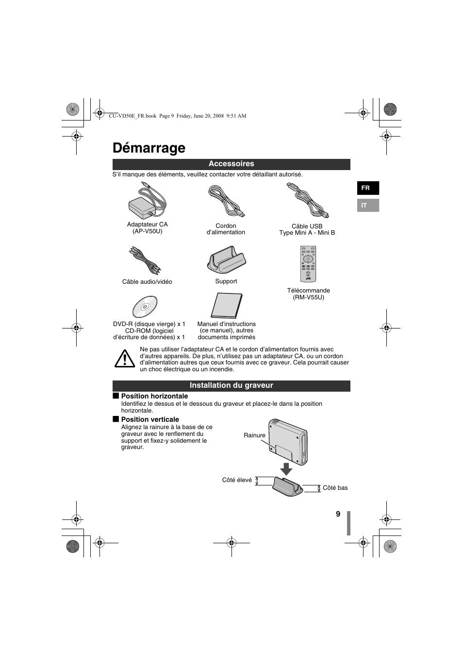 Z démarrage, Accessoires installation du graveur, Démarrage | JVC CU-VD50 User Manual | Page 9 / 104