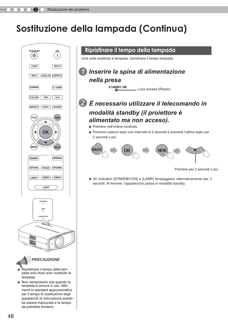 Ripristinare il tempo della lampada, Sostituzione della lampada (continua), Inserire la spina di alimentazione nella presa | JVC DLA-HD350 User Manual | Page 106 / 173