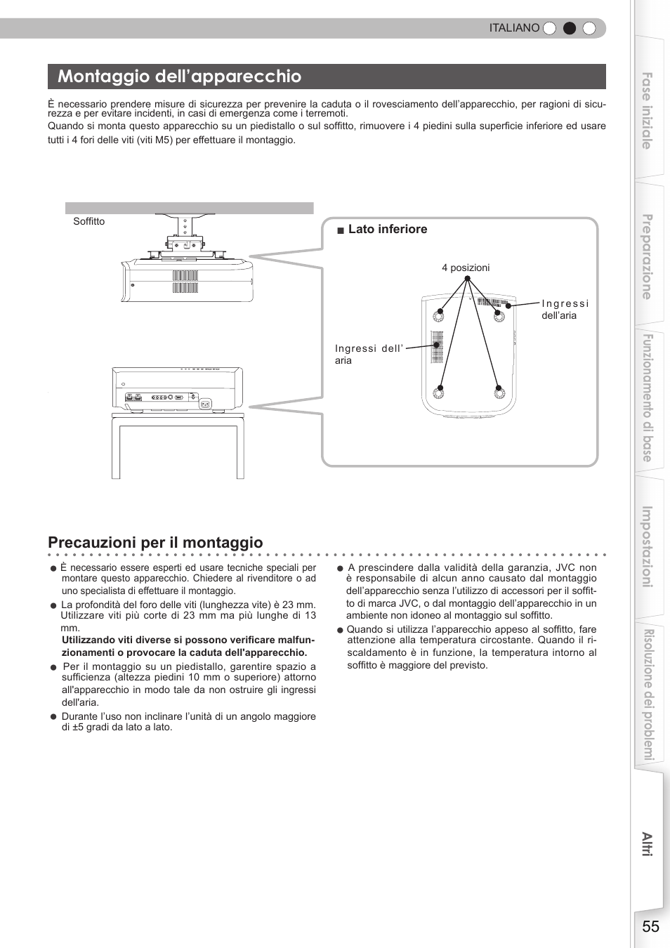 Montaggio dell’apparecchio, Montaggio dell'apparecchio, Precauzioni per il montaggio | JVC DLA-HD350 User Manual | Page 113 / 173