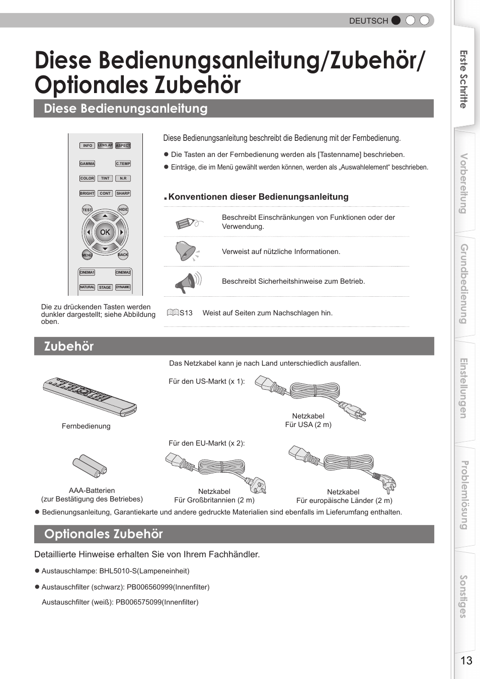 Diese bedienungsanleitung, Zubehör, Optionales zubehör | Diese bedienungsanleitung/zubehör | JVC DLA-HD350 User Manual | Page 13 / 173