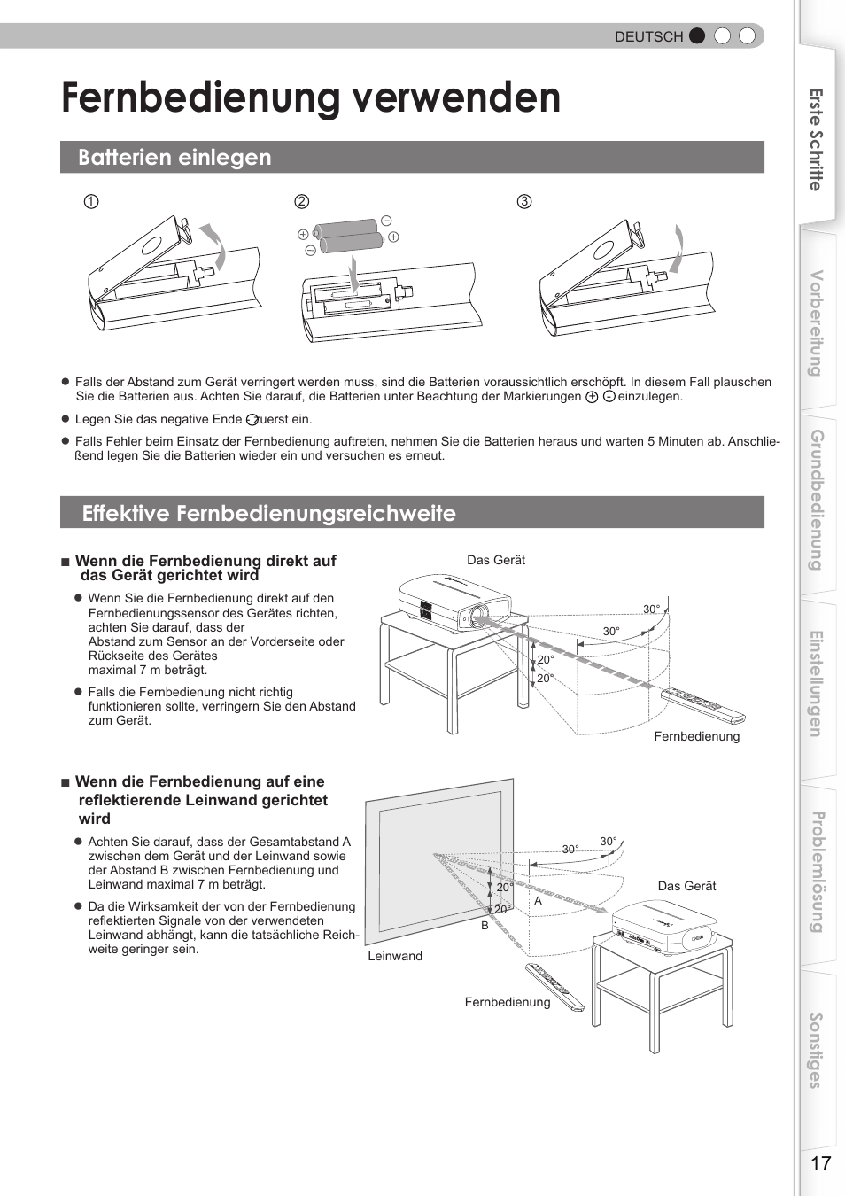 Fernbedienung verwenden, Batterien einlegen, Effektive fernbedienungsreichweite | Fernbedienungssensor, S17) | JVC DLA-HD350 User Manual | Page 17 / 173