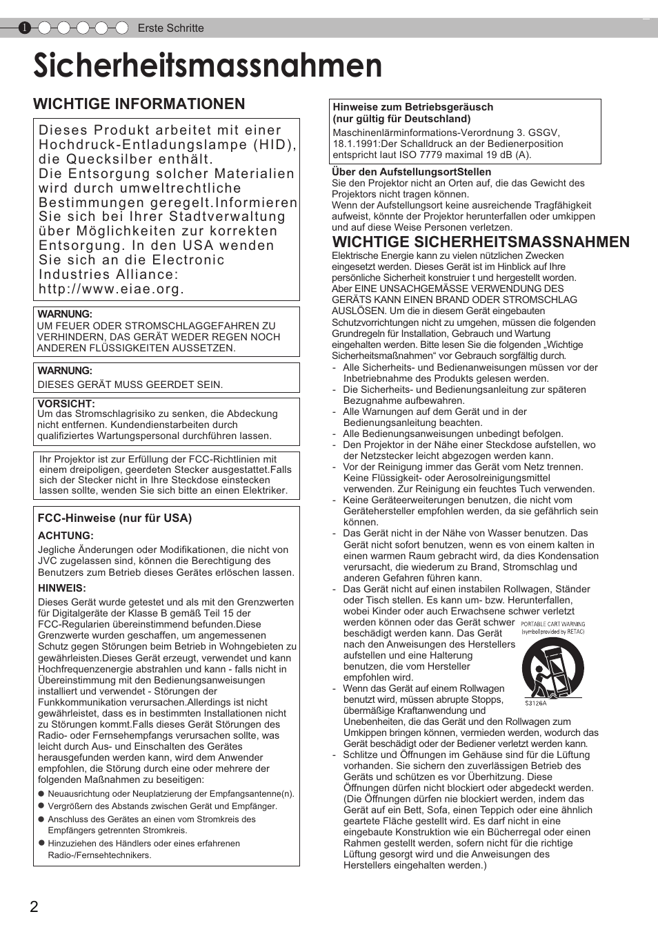 Erste schritte, Sicherheitsmassnahmen | JVC DLA-HD350 User Manual | Page 2 / 173