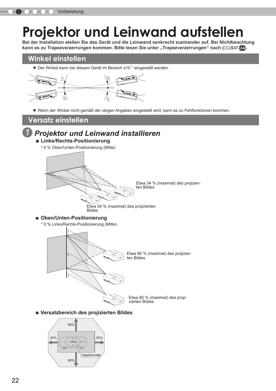 Projektor und leinwand aufstellen, Winkel einstellen, Versatz einstellen | Horizontal, S22), Winkel einstellen versatz einstellen, Projektor und leinwand installieren | JVC DLA-HD350 User Manual | Page 22 / 173