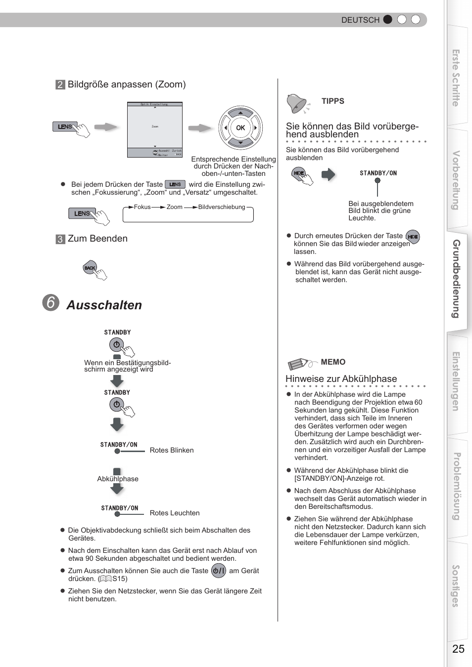Ausgeblendet, S25), Abkühlphase | Bild vorübergehend ausblenden, Ausschalten, Sie können das bild vorüberge- hend ausblenden, 3zum beenden, Hinweise zur abkühlphase | JVC DLA-HD350 User Manual | Page 25 / 173